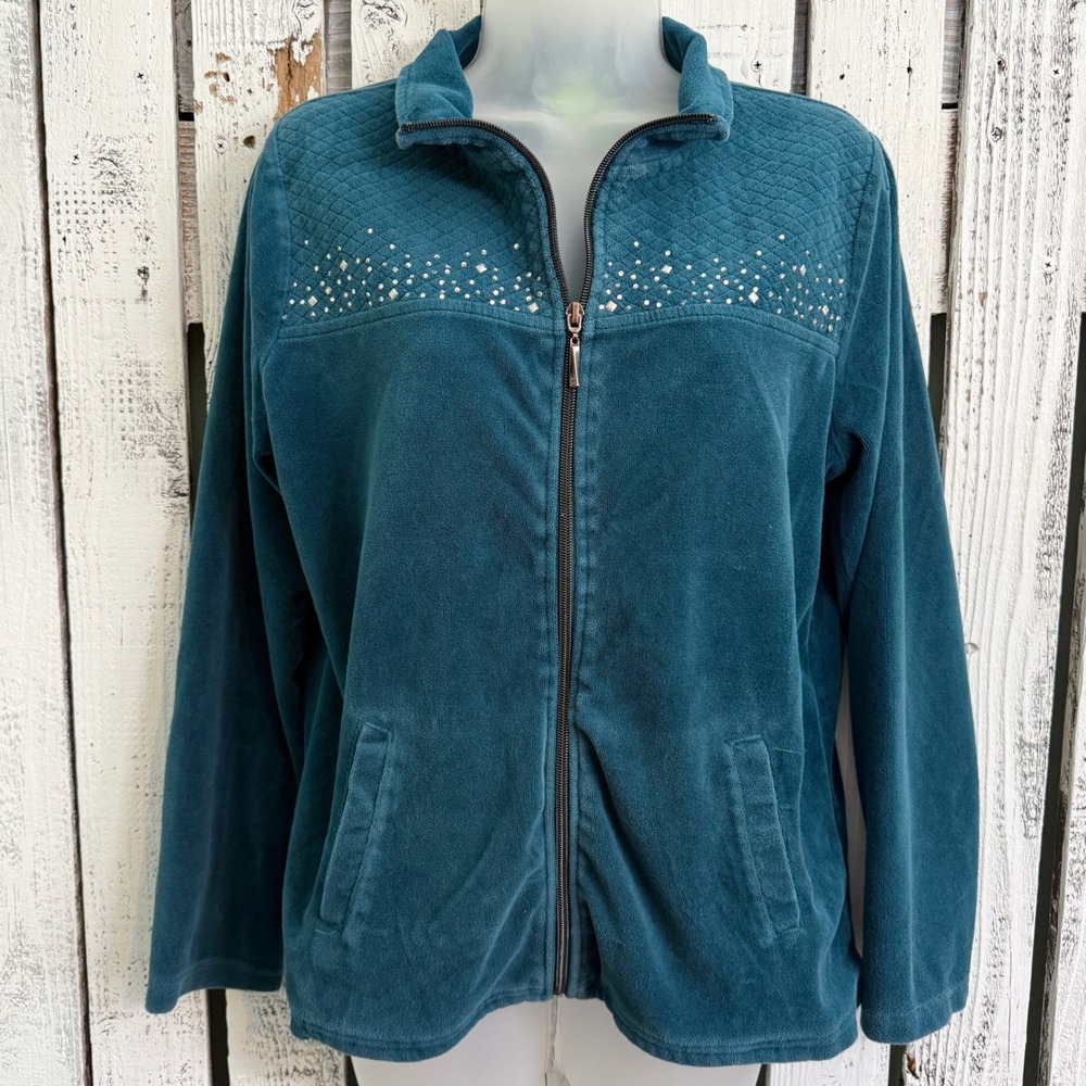 Vtg Onque Casual Teal Blue Velour Zip Up Jacket L Rhinestone Quilted 90s Y2K - Picture 1 of 10